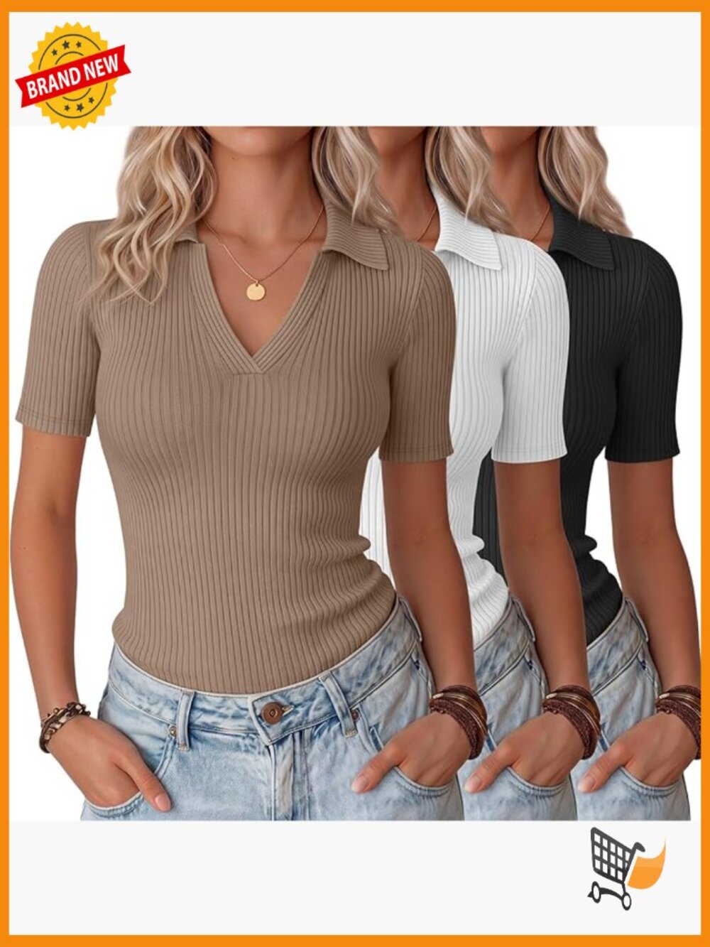 3 Pack Womens Collared T Shirts Cotton Business Casual Tops Ribbed V Neck Short